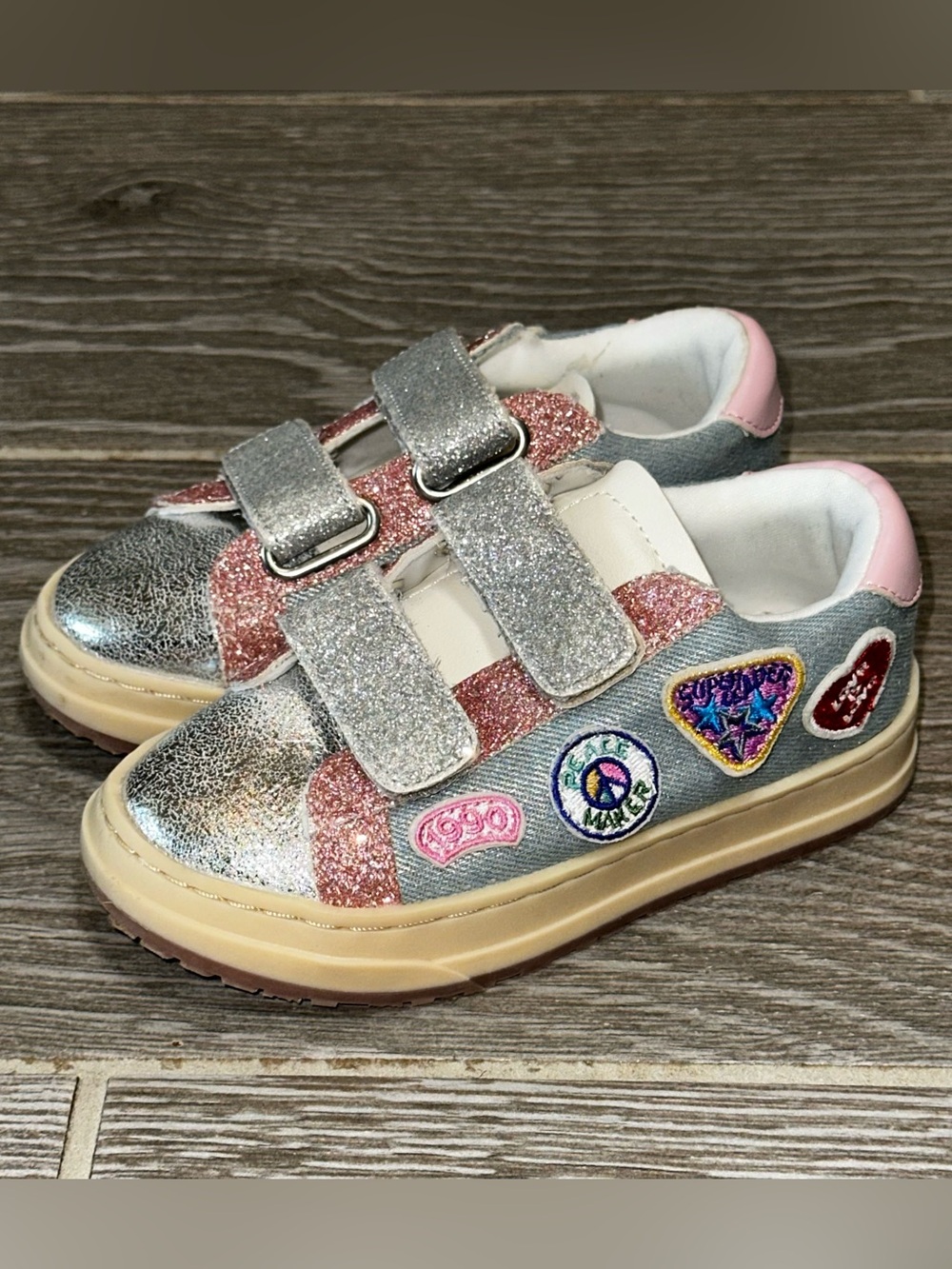 Steve Madden Hope Patches Denim Girls 8M Multi-Patch Hook And Loop Sneakers